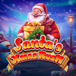 Santa carrying a present standing behind Santas Xmas Rush in text